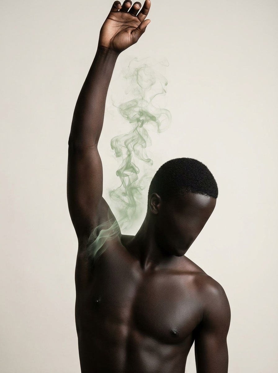 Silhouette d'un homme à la peau ébène, vapeur verte s'échappant de l'aisselle — métaphore de l'odeur que les déodorants classiques masquent
